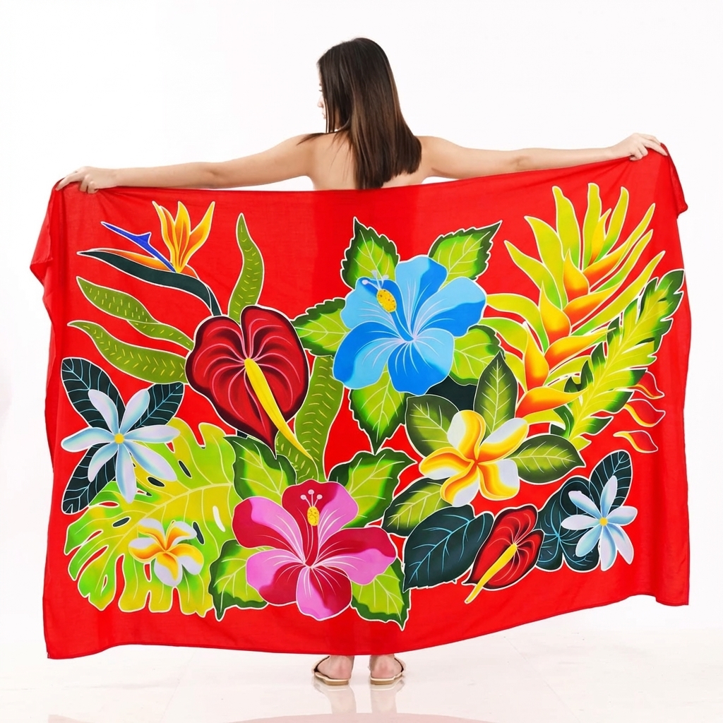 花卉手绘款 — 夏威夷巴厘纱笼 蜡染沙滩裹裙 密拷锁边 — 175×115cm 红色