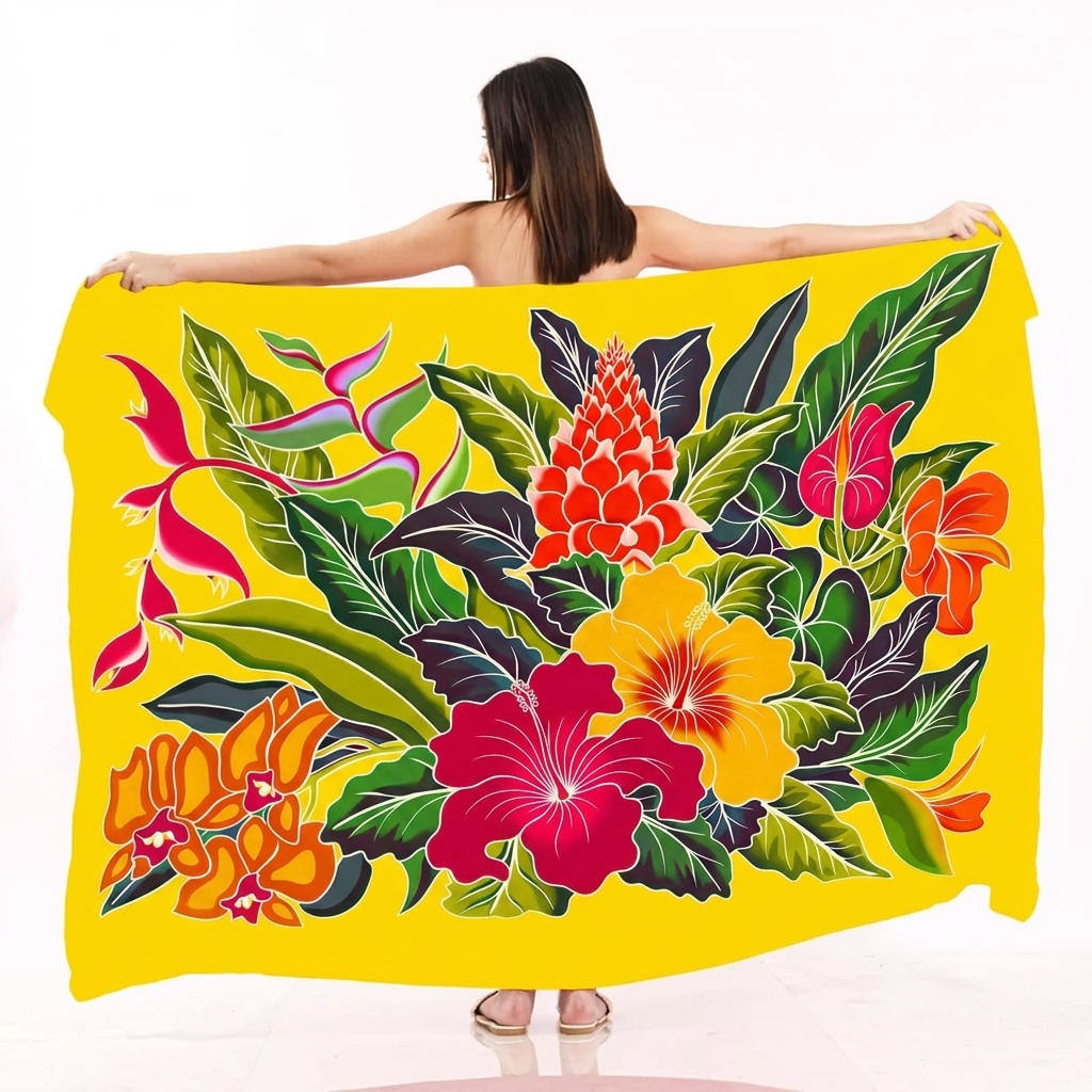 花卉手绘款 — 夏威夷巴厘纱笼 蜡染沙滩裹裙 密拷锁边 — 175×115cm 黄色